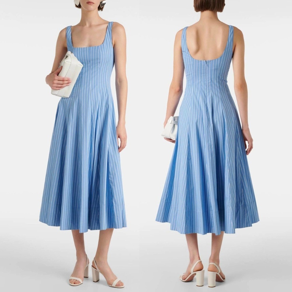 Staud Dress Wells Pinstripe Blue White Striped Cotton Midi Dress Size 10